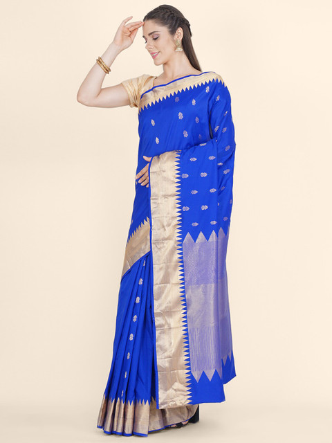 Bangalore Silk Emporium Blue & Gold-Toned Woven Design Zari Silk Blend Kanjeevaram Saree
Bangalore Silk Emporium Blue & Gold-Toned Woven Design Zari Silk Blend Kanjeevaram Saree