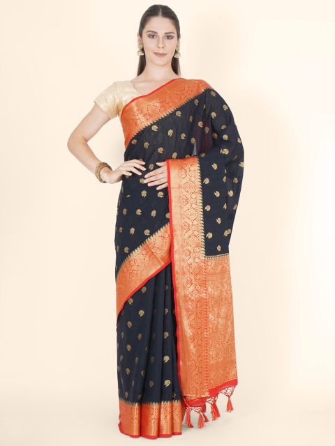 Bangalore Silk Emporium Black & Orange Woven Design Zari Linen Blend Kanjeevaram Saree
Bangalore Silk Emporium Black & Orange Woven Design Zari Linen Blend Kanjeevaram Saree