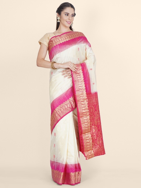Bangalore Silk Emporium White & Pink Woven Design Zari Pure Silk Kanjeevaram Saree
Bangalore Silk Emporium White & Pink Woven Design Zari Pure Silk Kanjeevaram Saree