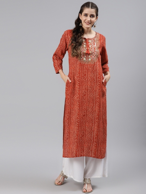 Readiprint Fashions Women Red & Maroon Bandhani Printed Thread Work Kurta