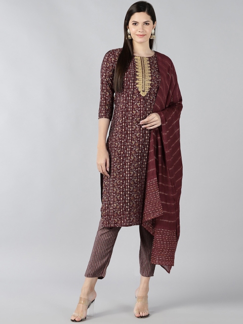 Bani Women Maroon Ethnic Motifs Printed Regular Chanderi Cotton Kurta with Trousers & With Dupatta
Bani Women Maroon Ethnic Motifs Printed Regular Chanderi Cotton Kurta with Trousers & With Dupatta