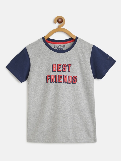 NEO NATIVES Unisex Kids Grey & Navy Blue Printed Slim Fit Cotton T-shirt
