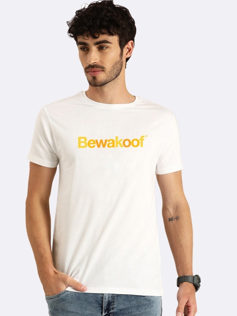 Bewakoof Men White Typography Printed Applique T-shirt