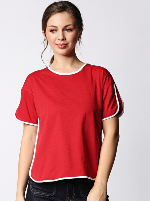 Bewakoof Women Red Half Sleeves Tape Cotton T-shirt 
Bewakoof Women Red Half Sleeves Tape Cotton T-shirt