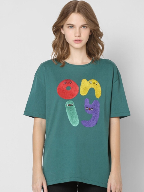 ONLY Women Green Typography Printed Relaxed Fit T-shirt