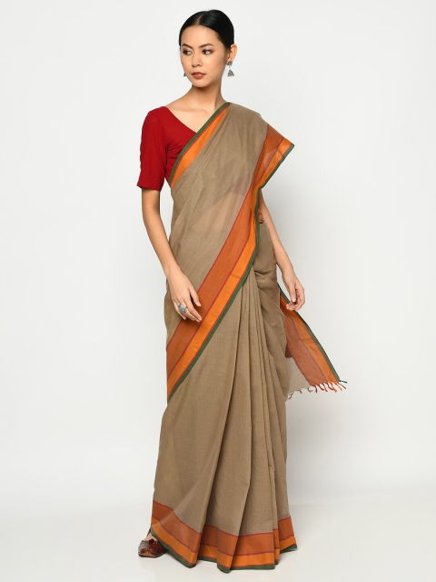 Fabindia Beige & Orange Pure Cotton Saree