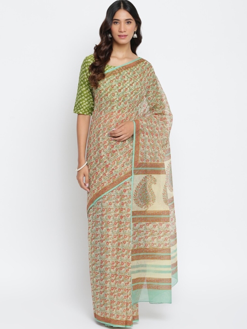 Fabindia Yellow & Brown Floral Block Print Saree