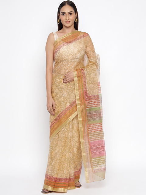 Fabindia Beige & Pink Floral Pure Silk Block Print Saree