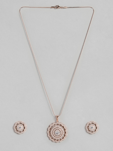 Peora Women Rose Gold-Plated White American Diamond CZ Pendant Earring Set with Chain
Peora Women Rose Gold-Plated White American Diamond CZ Pendant Earring Set with Chain