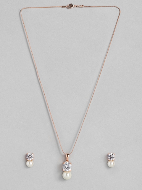 Peora Women Rose Gold-Plated White American Diamond CZ Pendant Earring Set with Chain
Peora Women Rose Gold-Plated White American Diamond CZ Pendant Earring Set with Chain