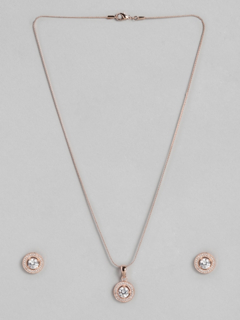 Peora Women Rose Gold-Plated White American Diamond CZ Pendant Earring Set with Chain
Peora Women Rose Gold-Plated White American Diamond CZ Pendant Earring Set with Chain