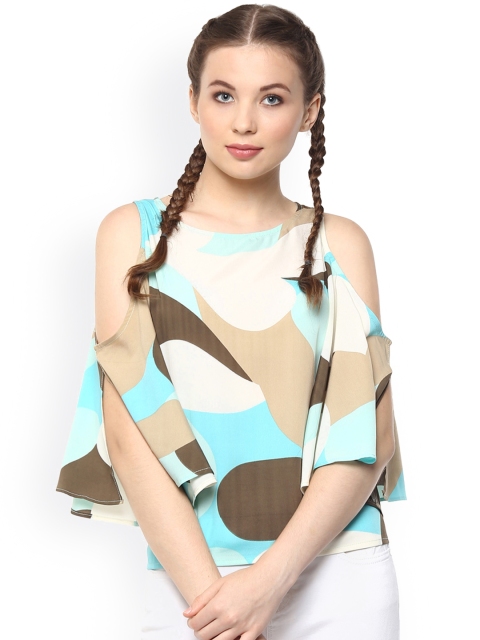 Harpa Women Blue Printed Regular Cold Shoulder Top