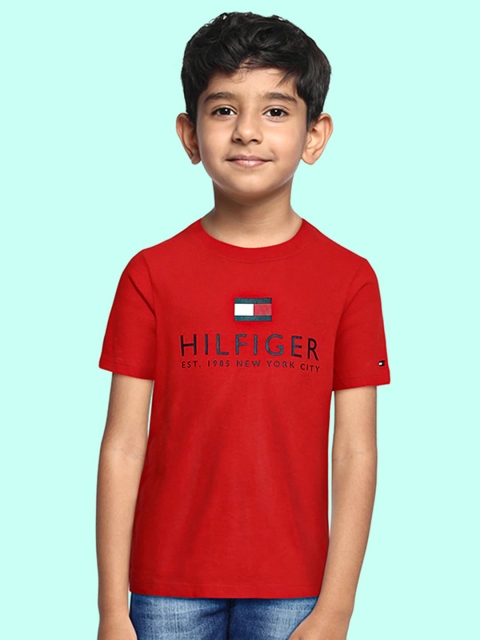 Tommy Hilfiger Boys Red Pure Cotton Brand Logo T-shirt