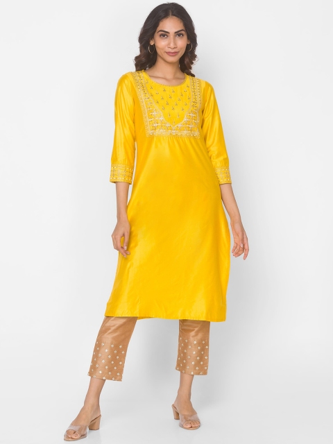 Ethnicity Women Mustard Yellow Geometric Yoke Design Flared Sleeves Thread Work Kurta
Ethnicity Women Mustard Yellow Geometric Yoke Design Flared Sleeves Thread Work Kurta