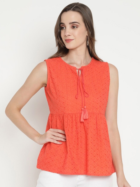 V2 Value & Variety Orange Tie-Up Neck A-Line Top