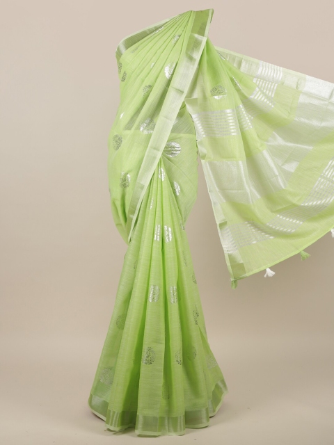 Pothys Green & Silver-Toned Floral Linen Blend Saree