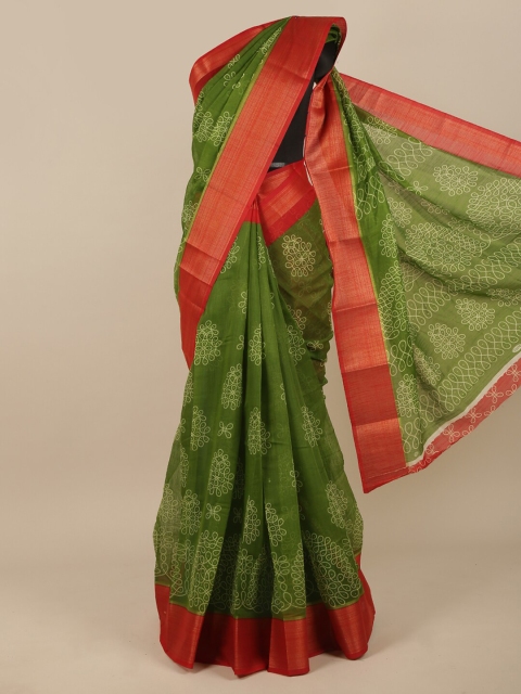 Pothys Green & Red Ethnic Motifs Printed Zari Saree
