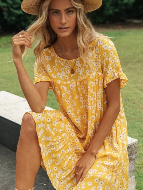 GRACE & JACK Yellow Floral A-Line Dress