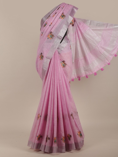 Pothys Pink & Silver-Toned Floral Zari Linen Blend Saree