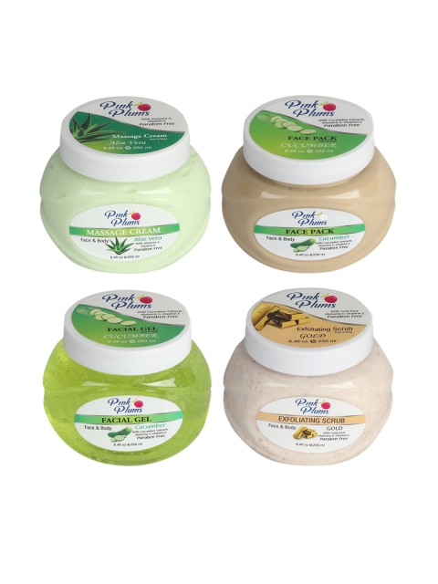PINK PLUMS Unisex AloeVera Massage Cream, Cucumber Face Pack, Gel & Gold Scrub Combo, Multi
PINK PLUMS Unisex AloeVera Massage Cream, Cucumber Face Pack, Gel & Gold Scrub Combo, Multi