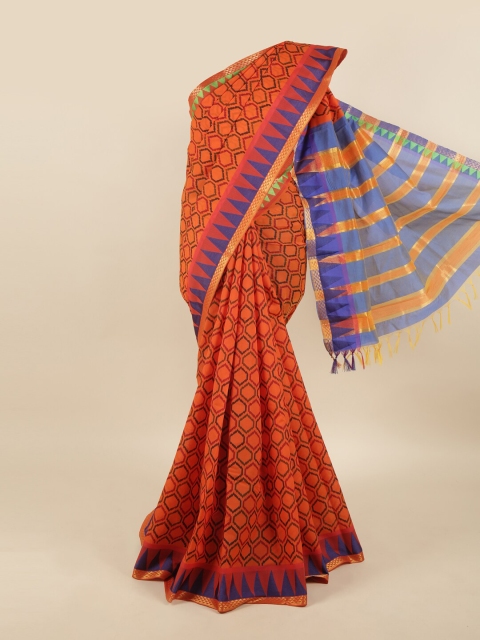 Pothys Orange & Blue Silk Cotton Saree