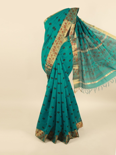 Pothys Green & Gold-Toned Floral Zari Silk Cotton Saree