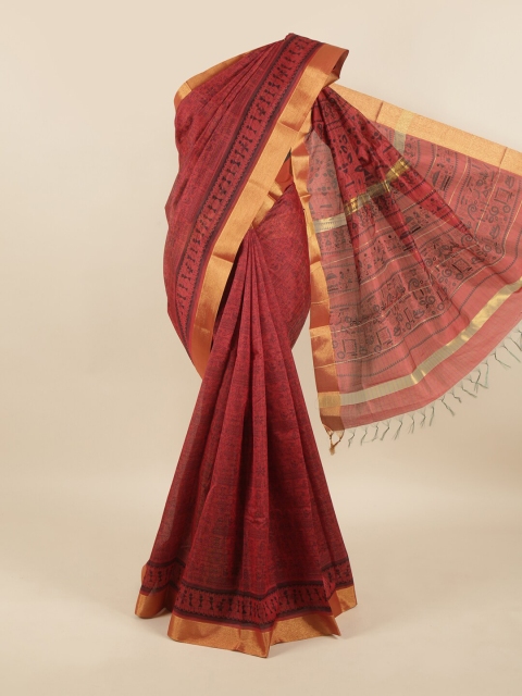 Pothys Burgundy & Black Ethnic Motifs Silk Cotton Saree