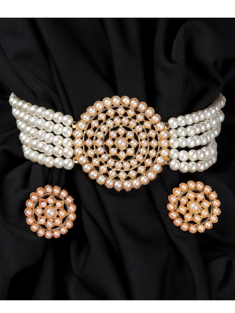 Mirraw Gold-Plated Beige & White Pearl Studded & Beaded Jewellery Set