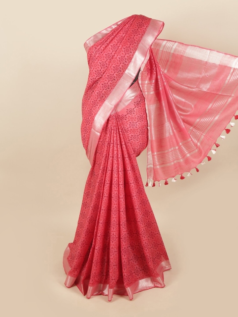 Pothys Coral Pink & Silver-Toned Floral Linen Blend Chettinad Saree