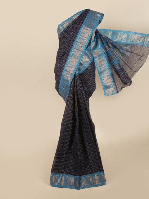 Pothys Navy Blue & Blue Checked Chettinad Saree