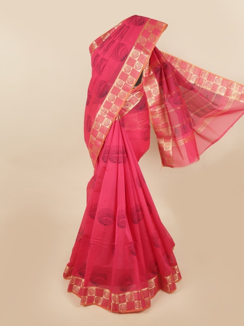 Pothys Magenta & Blue Ethnic Motifs Silk Cotton Chettinad Saree