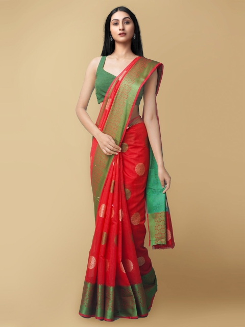 Unnati Silks Red & Gold-Toned Woven Design Zari Silk Cotton Handloom Baluchari Saree
Unnati Silks Red & Gold-Toned Woven Design Zari Silk Cotton Handloom Baluchari Saree
