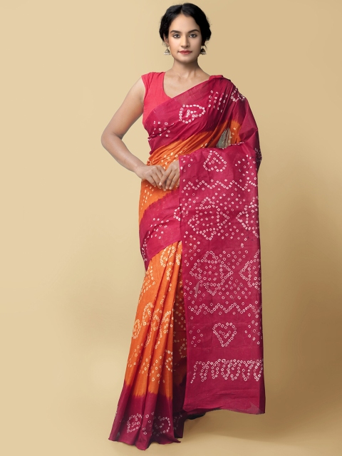 Unnati Silks Orange & Pink Pure Cotton Bandhani Saree