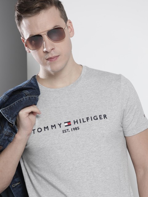 Tommy Hilfiger Men Grey Melange Brand Logo Embroidered Organic Cotton T-shirt