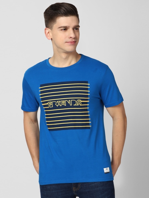 Peter England Casuals Men Blue & Black Striped Slim Fit Pure Cotton T-shirt