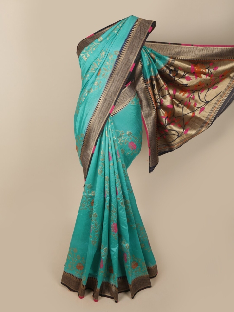 Pothys Blue & Pink Floral Zari Jute Silk Saree