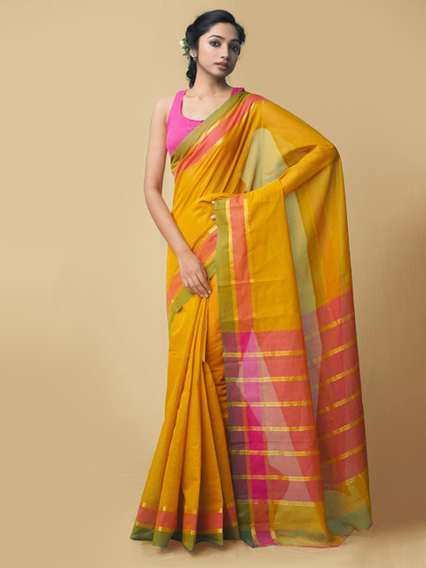 Unnati Silks Yellow & Pink Striped Mangalagiri Pure Cotton Saree 
Unnati Silks Yellow & Pink Striped Mangalagiri Pure Cotton Saree