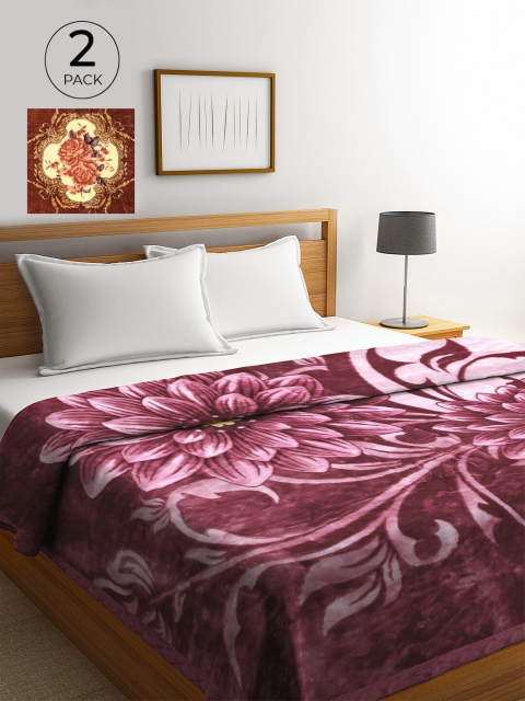 KLOTTHE Brown & Magenta Set of 2 Floral Heavy Winter Double Bed Blanket