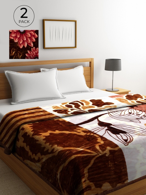 KLOTTHE Brown & White Set Of 2 Floral Wool Heavy Winter 800 GSM Double Bed Blanket