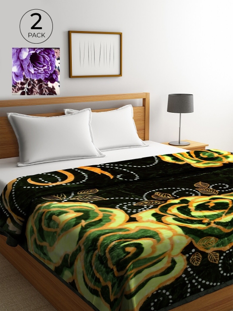 KLOTTHE Pack of 2 Green & Purple Floral 800 GSM Heavy Winter Double Bed Blankets