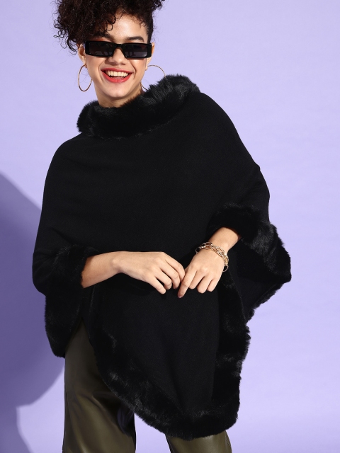 InWeave Women Stylish Black Solid Poncho Sweater
