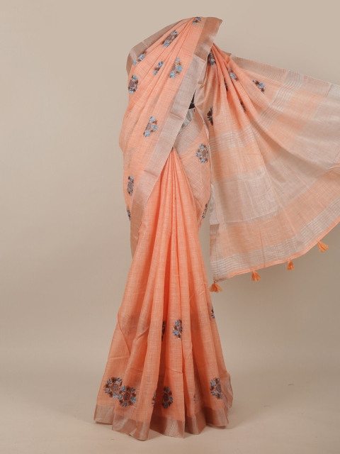 Pothys Peach & Blue Floral Embroidered Saree
