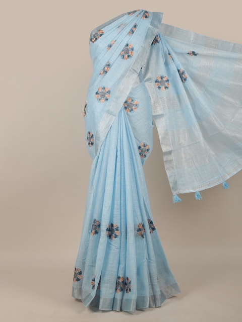 Pothys Blue & Beige Floral Zari Linen Blend Saree