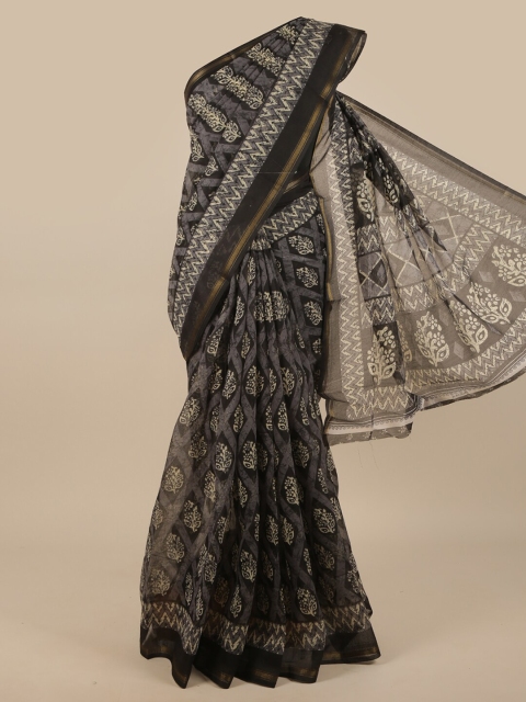 Pothys Grey & Black Floral Zari Saree
