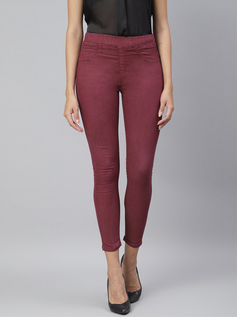 TALES & STORIES Women Marron Solid Skinny-Fit Jeggings, Maroon 
TALES & STORIES Women Marron Solid Skinny-Fit Jeggings, Maroon