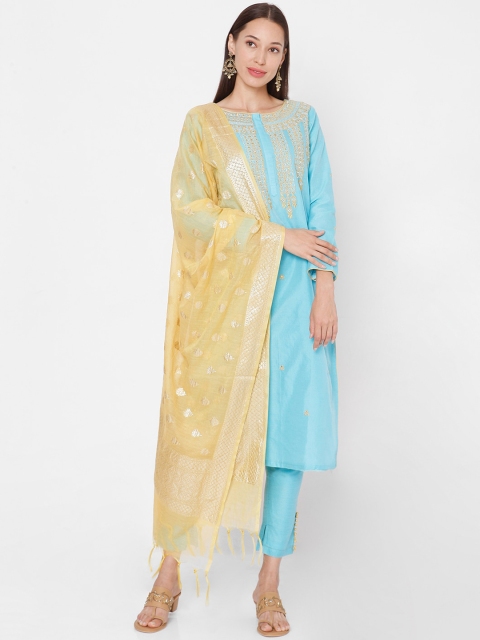SALWAR STUDIO Women Blue Embroidered Regular Chanderi Silk Kurta with Trousers & With Dupatta
SALWAR STUDIO Women Blue Embroidered Regular Chanderi Silk Kurta with Trousers & With Dupatta