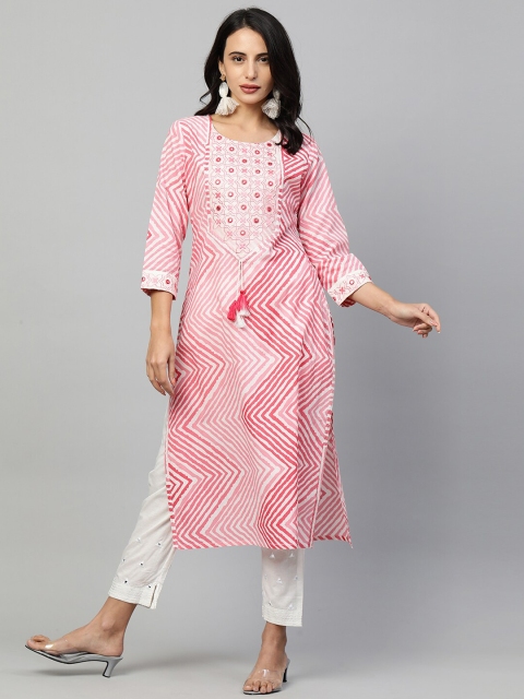 FASHOR Women White & Pink Floral Striped Mirror Work Pure Cotton Kurta with Trousers
FASHOR Women White & Pink Floral Striped Mirror Work Pure Cotton Kurta with Trousers