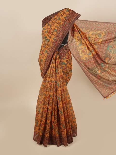 Pothys Orange & Brown Floral Printed Chanderi Cotton Saree