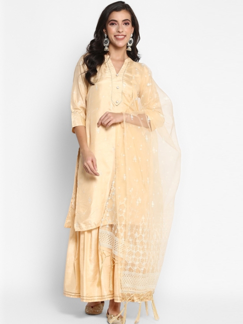 VAABA Women Cream-Coloured Embroidered Regular Chanderi Silk Kurta with Sharara & Dupatta
VAABA Women Cream-Coloured Embroidered Regular Chanderi Silk Kurta with Sharara & Dupatta