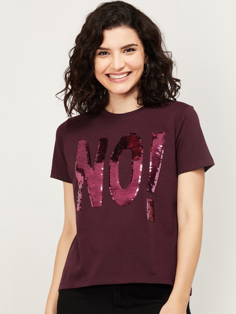 Ginger by Lifestyle Women Red Typography Embellished Loose T-shirt